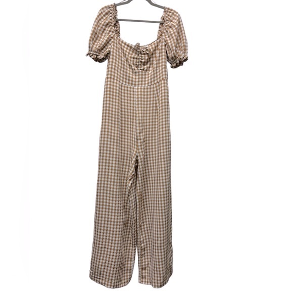 Mable Amaya gingham plaid puff short sleeve jumpsuit, cognac, small - Picture 2 of 11
